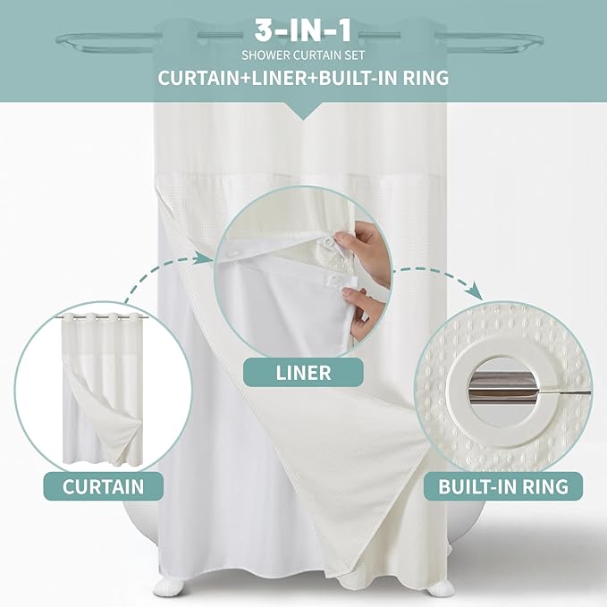 eachope Stall Cream No Hook Waffle Weave Shower Curtain with snap-in Liner Replacement, 230GSM Waterproof Fabric Hotel Shower Curtain Set for Bathroom, Through Mesh Top Window,54Wx80H