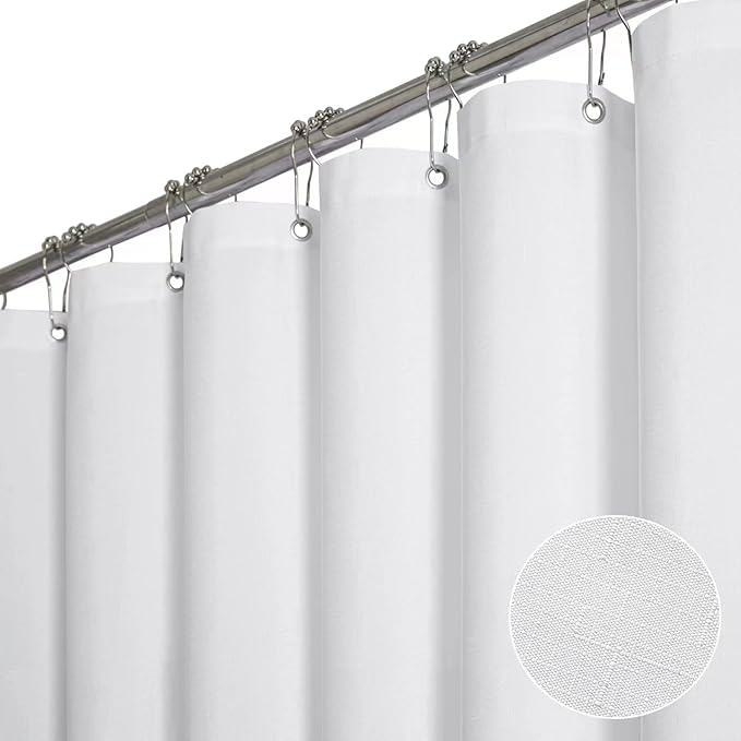 BTTN Fabric Shower Curtain, Linen Textured Heavy Duty Polyester Cloth Shower Curtain Set with Plastic Hooks, White, 108" W x 72" L (Pack of 1)