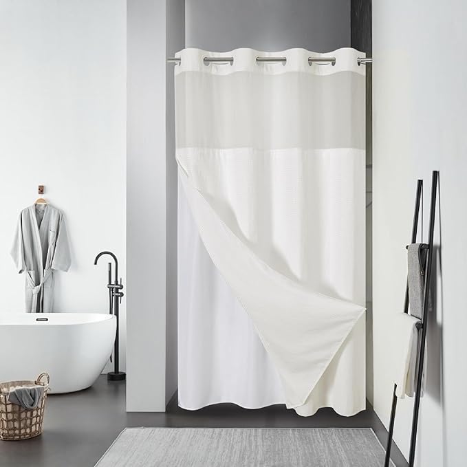 eachope Stall Cream No Hook Waffle Weave Shower Curtain with snap-in Liner Replacement, 230GSM Waterproof Fabric Hotel Shower Curtain Set for Bathroom, Through Mesh Top Window,54Wx80H
