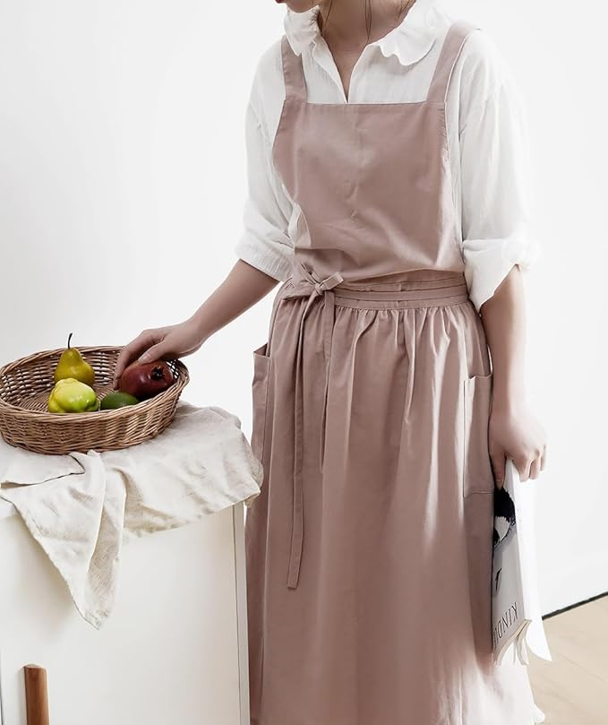 Japanese apron Women-Cross Back Apron for Women with Pockets, Pinafore Aprons, Womens Cotton Linen Apron