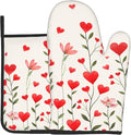 Red Love Hearts Oven Mitts and Potholders Set of 2 Romantic Flowers Washable Heat Resistant Non-Slip Oven Gloves Pot Holder for Mother Day Kitchen Cooking Baking Decoration