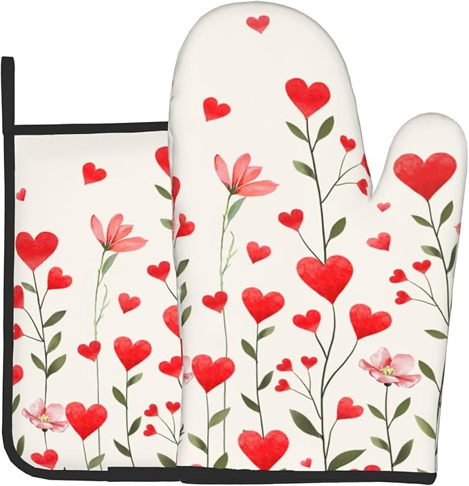 Red Love Hearts Oven Mitts and Potholders Set of 2 Romantic Flowers Washable Heat Resistant Non-Slip Oven Gloves Pot Holder for Mother Day Kitchen Cooking Baking Decoration