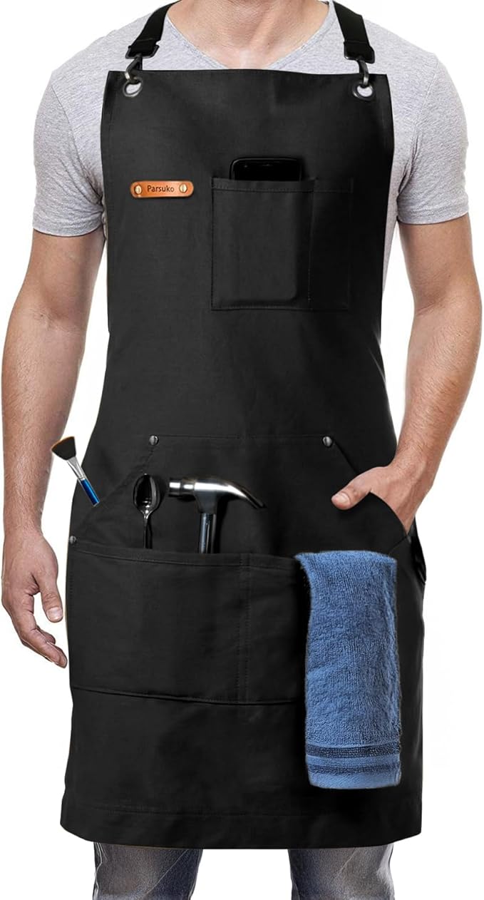 Professional Chef Apron for Mens, 100% Cotton Canvas, Kitchen Cooking BBQ Grilling Apron, Durable