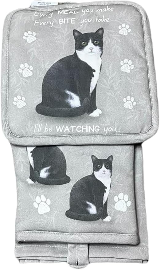 Black and White Cat 3-Piece Kitchen Set - Oven Mitt, Pot Holder & Kitchen Towel Set, Heat Resistant up to 420 F, Soft Quilted Cotton for Cooking, Baking, BBQ, Pet Lover Gifts (Black and White Cat)