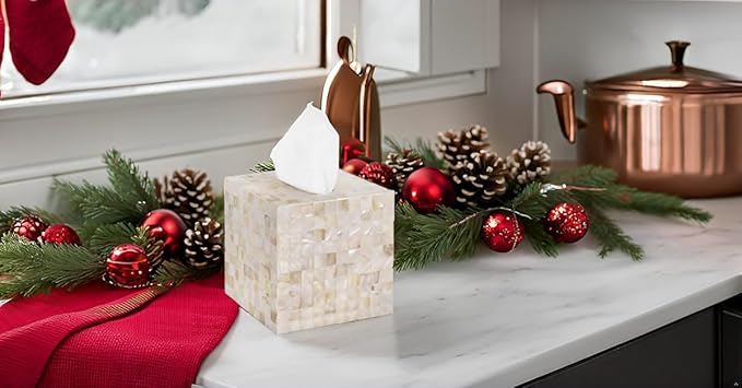 PEMAR 5.9″ Handmade Mother of Pearl Tissue Box Cover – Acacia Wood Cube, 5.35″ Interior Fits 5″ Square Boxes, Sliding Bottom, Pearly White Lacquer Rustic Farmhouse Decor