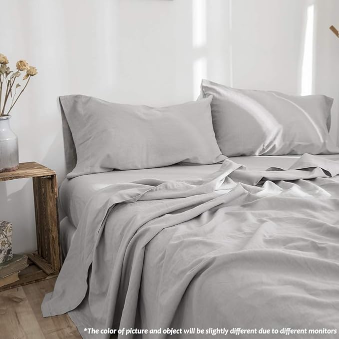 Simple&Opulence Belgian Linen Sheet Set Solid Color - 4 Pieces (1 Flat Sheet, 1 Fitted Sheet & 2 Pillowcases) Natural Flax Cotton Blend Soft Breathable Farmhouse Bedding - Full Size, Grey
