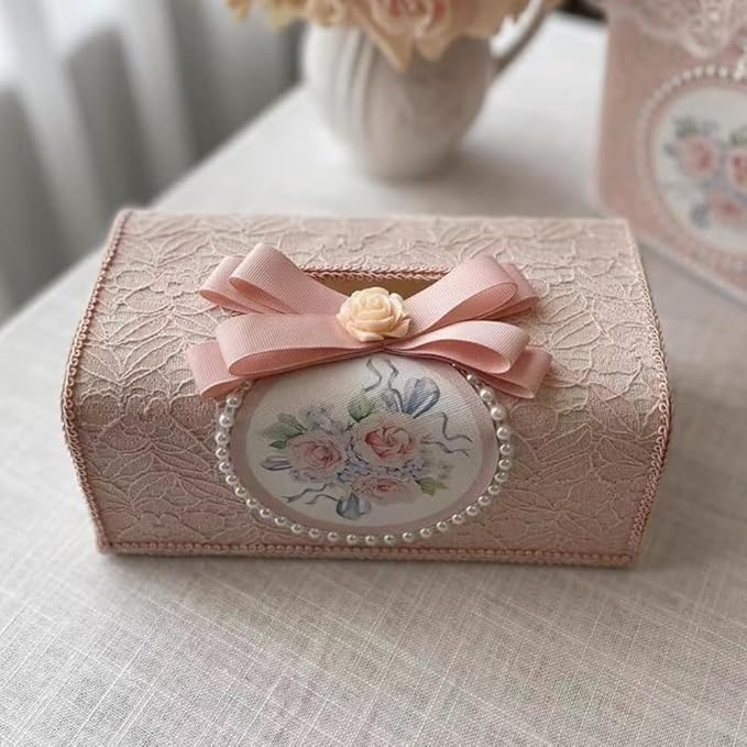 Tissue Cover Holder Fabric Art Cute Tissue Box Cover Dispenser Napkin Organizer for Bathroom Bedroom Office and Car (A-Pink)