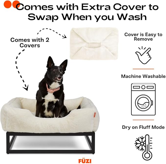 FUZI Elevated Dog Bed Medium with Extra Cover, Luxury Raised Dog Beds, Removable and Machine Washable Bed Cover, Indoor/Outdoor Orthopedic Pet Bed, Medium 31.75x23.6x18 Soft White and Black Base