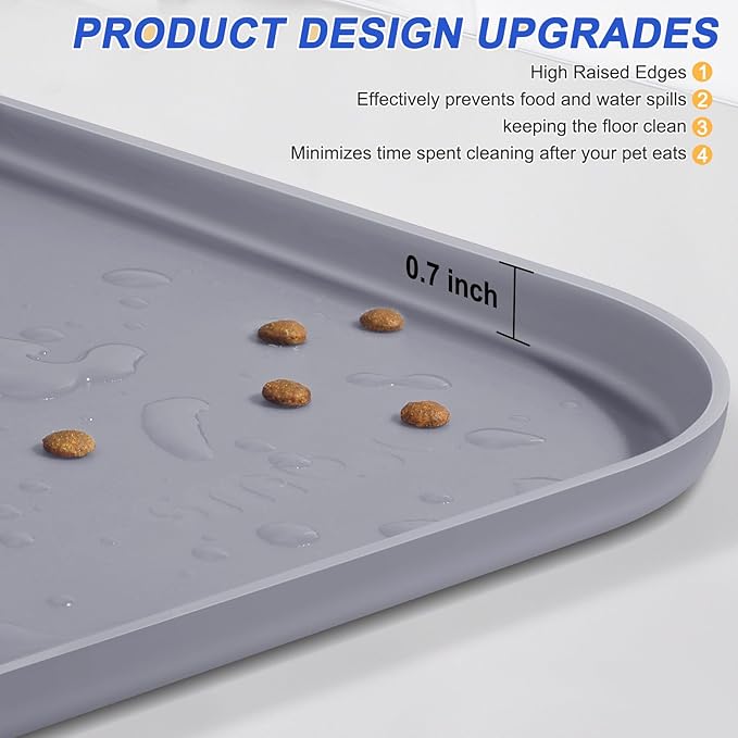 SMILOOL Silicone Pet Feeding Mat with Raised Edge for Food and Water, Dog Bowl Mats, Cat Bowls Placemat with High Lip for Floor Waterproof, Rubber Tray for Cats and Dogs 19 x 12 x0.7 Light Gray