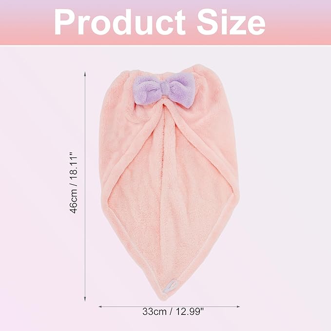 VOCOSTE 2pcs Hair Drying Towels, Triangular Hair Towel Wrap for Women, Absorbent Hair Turban Towel, Bow Hair Drying Cap for Straight Short Hair, Pink