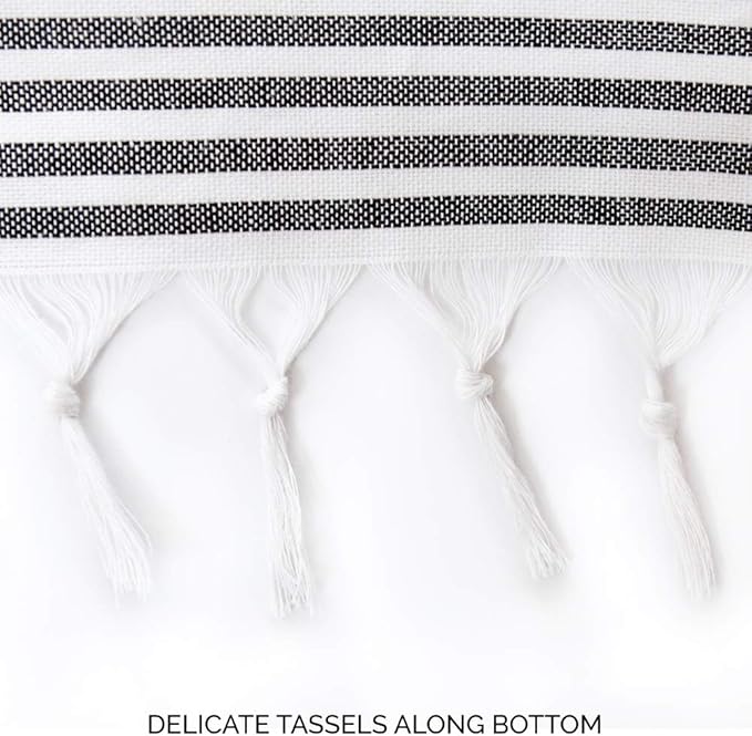 HALL & PERRY Modern Farmhouse Tassel Shower Curtain 100% Cotton Striped Fabric Shower Curtain with Tassels for Bathroom Décor (Black, 72"x72")