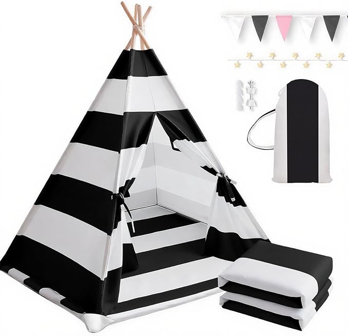 xiaowantong Teepee Tent for Kids with Padded Mat, Lights, and Carry Bag, Washable Playhouse for Indoor Use, Ideal Play Tent for Girls and Boys, Stripe Black