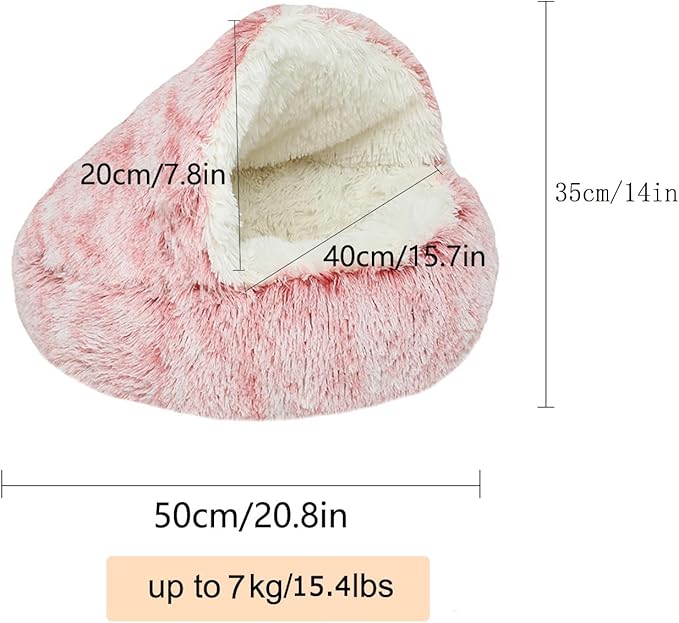 SUOXU Anti-Anxiety Cat Bed, Plush Hooded Cave, 20 in Diameter, Suitable for Small to Medium Pets, Pink