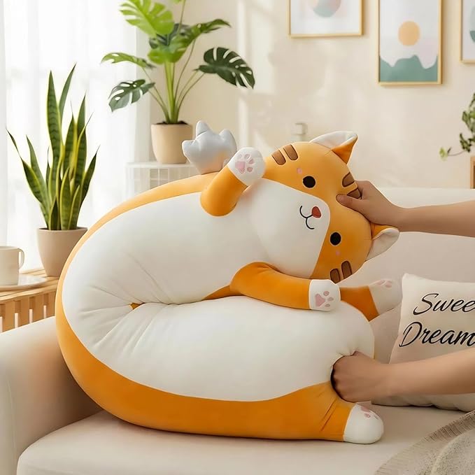 Long Cat Plush Pillow, Cute Cat Stuffed Animal Body Pillow with Wings, Soft Kawaii Kitty Hugging Pillow, Christmas Valentine's Birthday Gift for Kids Girls Boys (Yellow, 110cm/43.31in)