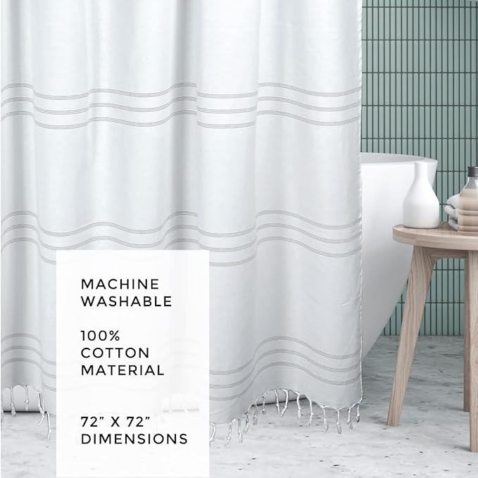 HALL & PERRY Modern Farmhouse Tassel Shower Curtain 100% Cotton Striped Fabric Shower Curtain with Tassels for Bathroom Décor (Taupe, 72"x72")