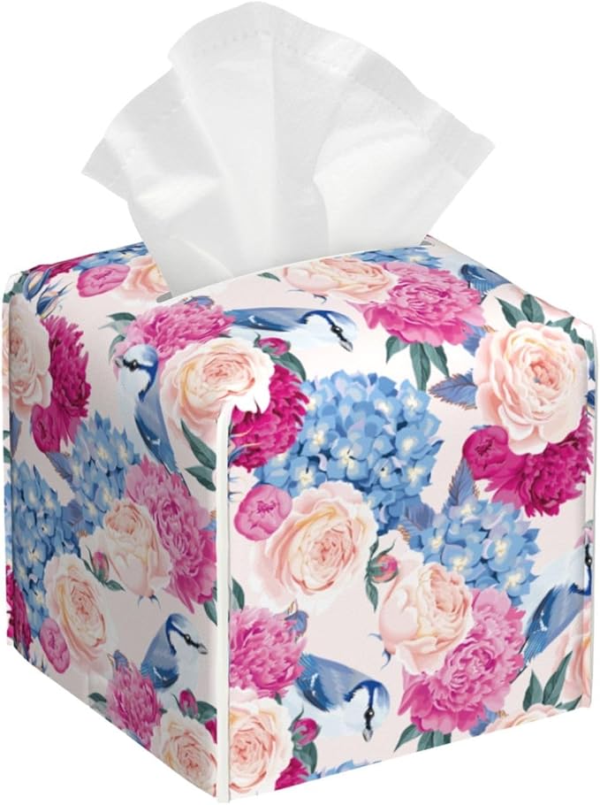 PVC Tissue Box Cover Holder,Flower Square Decorative Organizer,5.2"X5.2"X5.2" Tissue Case for Bathroom,Tabletop,Car,Office