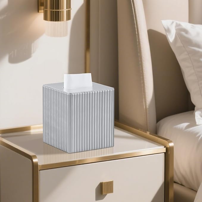 MEIBOOCH PU Leather Tissue Box Cover Square, Rectangle Tissue Box Holder with Magnetic Closure, Decorative Tissue Holder for Bathroom Bedroom Office (Shiny Silver, Square)
