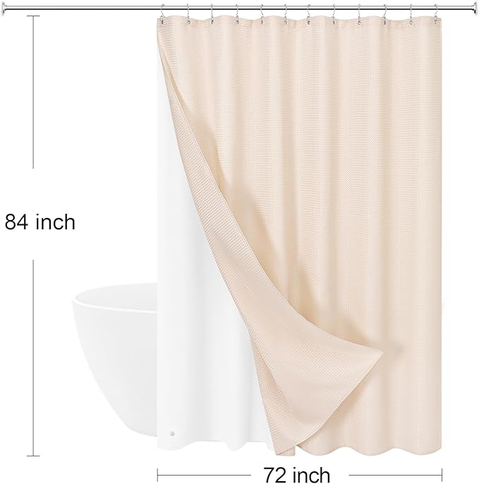Craidlela 3 in 1 Extra Long Blush Pink Shower Curtain Set-72 W x 84 H, Modern Waffle and PEVA Liner Set with 12 Stainless Steel Hooks, Waterproof Fabric for Bathroom