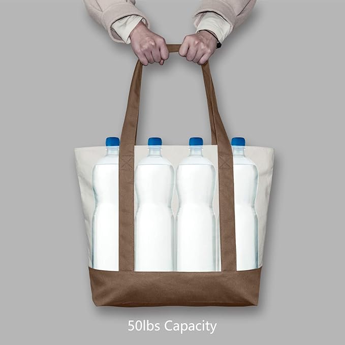 TOPDesign 6-Pack Canvas Tote Bags with an External Pocket, Reusable Grocery Shopping Bags, Top Zipper Closure, Daily Essentials (Brown/Natural)