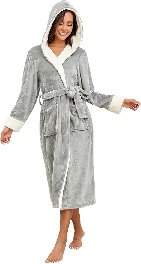 RONGTAI Womens Plush Fleece Hooded Bathrobe, Thick Nightgown Long Robe Sleepwear with Two Side Pockets and Belt