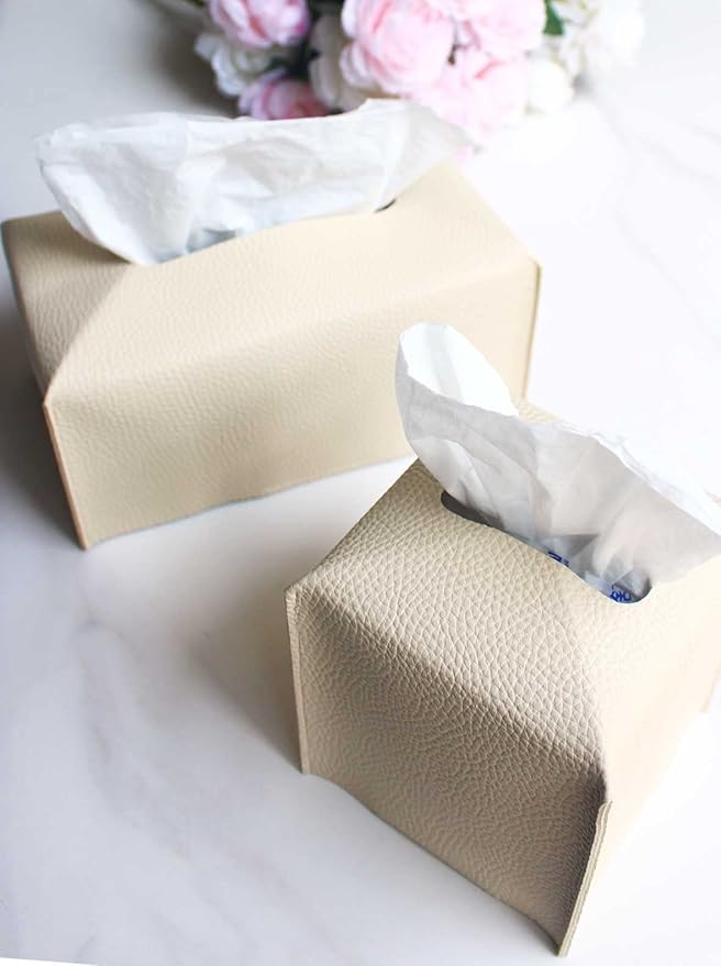 Tissue Box Cover Leather Rectangular – with Bottom Belt [JESMINI, Beige] Modern Large PU Leather Rectangle Tissue Box Cover Decorative for Bathroom Vanity Countertop/Night Stands/Office Desk