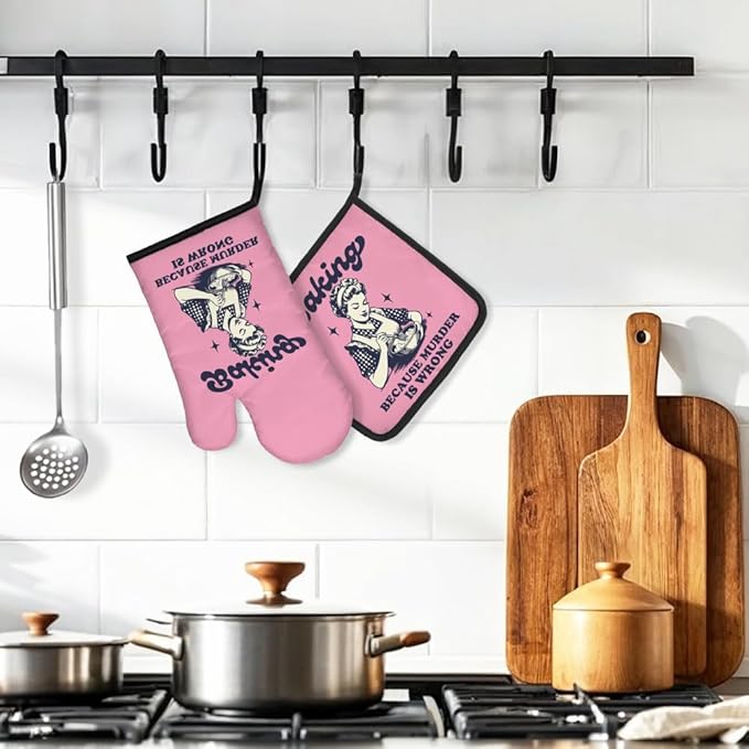 DYJYBMY Baking Because Murder is Wrong Funny Oven Mitts and Pot Holder Set, Humorous Vintage Kitchen Gadgets for Women, Birthday Gifts for Bake Lover Chef, Hostess Gifts for Mom Wife Sister BFF (FS)