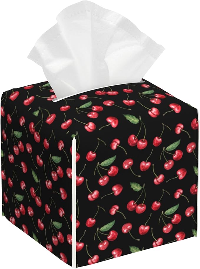 POIUBLE Tissue Box Holder Cherry Fruit Tissue Box Cover Square Leather Tissue Holder Organizer Portable Decorative Facial Paper Case for Home Office Bathroom Vanity Countertop