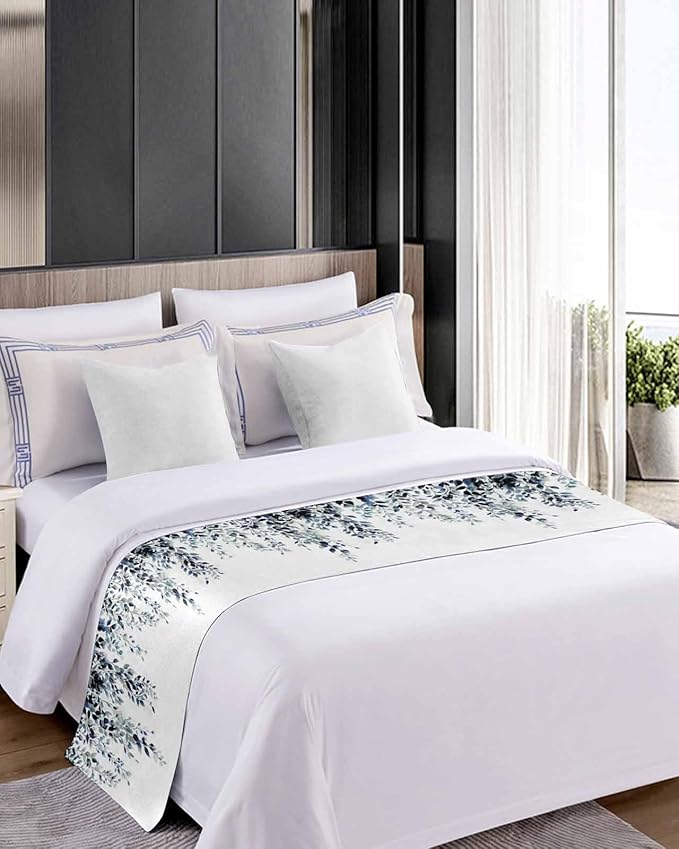 DecorLovee Blue Teal Eucalyptus Bed Runners for Queen Size Bed, Weeping Botanical Decorative Bed Throws for Foot of Bed, Leaf Watercolor Bed Runner Sofa Throw Bedding Scarf Slipcover for Bedroom