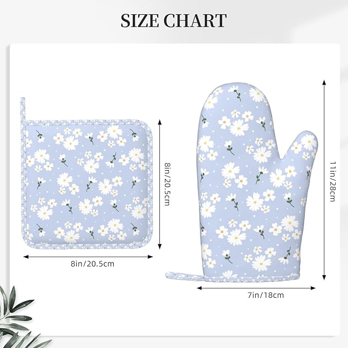 Oven Mitts Pot Holders Set Daisy Flower Pastel Silicone Kitchen Gloves Potholders Heat Resistant for Chef Baking Cooking Grilling BBQ 4 Pack Mitt