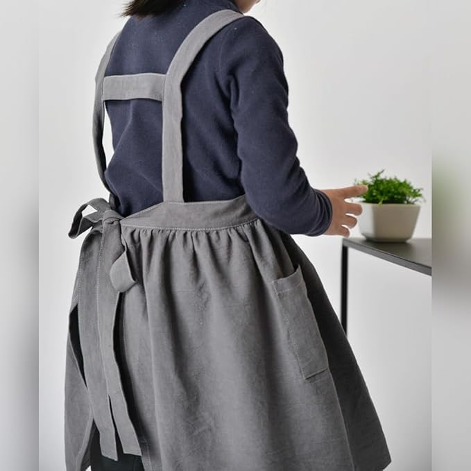 IWEMEK Kids Aprons for Girls Cooking Child Cotton Linen Apron Dress with Pockets Art Baking Gardening Painting Apron Pinafore