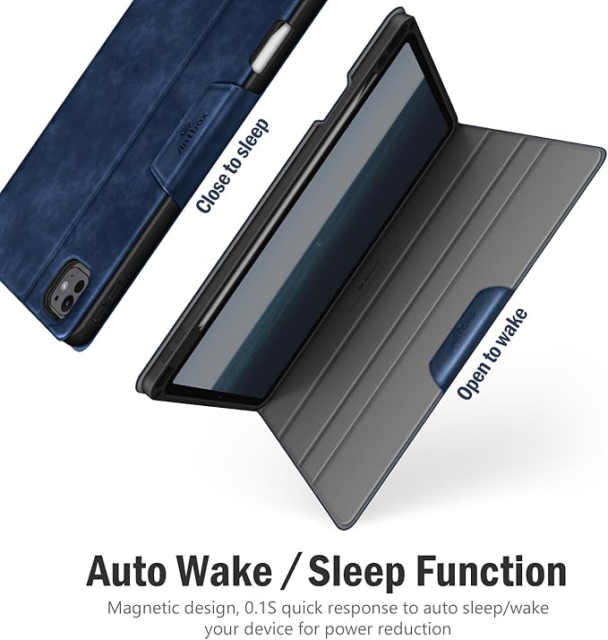 Antbox for iPad Pro 11 Inch Case M5 2025/M4 2024, Built-in Pencil Holder, Fully Supports Pencil Pro/USB-C, Auto Sleep/Wake Function Vegan Leather (Blue)