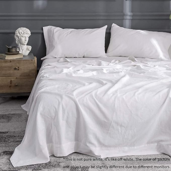 Simple&Opulence Belgian Linen Sheet Set Solid Color - 4 Pieces (1 Flat Sheet, 1 Fitted Sheet & 2 Pillowcases) Natural Flax Cotton Blend Soft Breathable Farmhouse Bedding - King Size, White