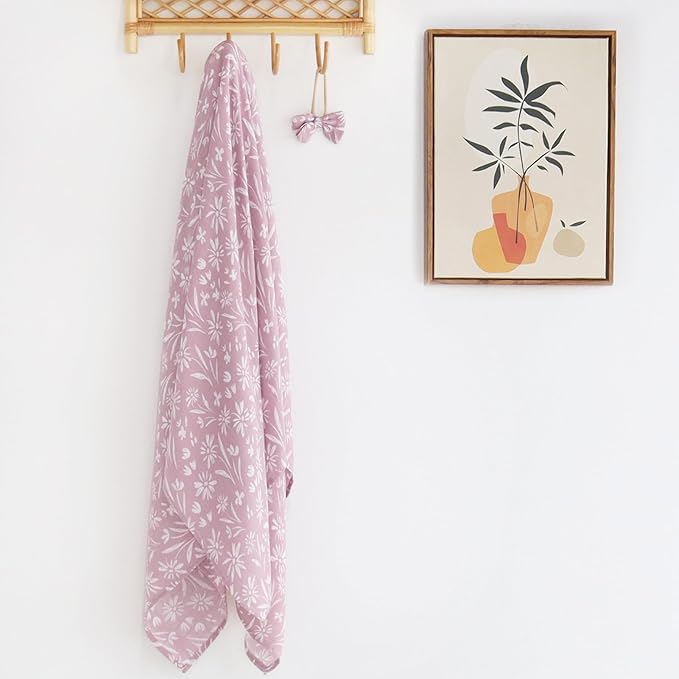 LifeTree Baby Swaddle Blanket and Bow Set, Mauve Floral Muslin Newborn Swaddle Set with Matching Headband Bow, Infant Receiving Blanket Wrap, 47 x 47 inches, 70% Viscose from Bamboo and 30% Cotton