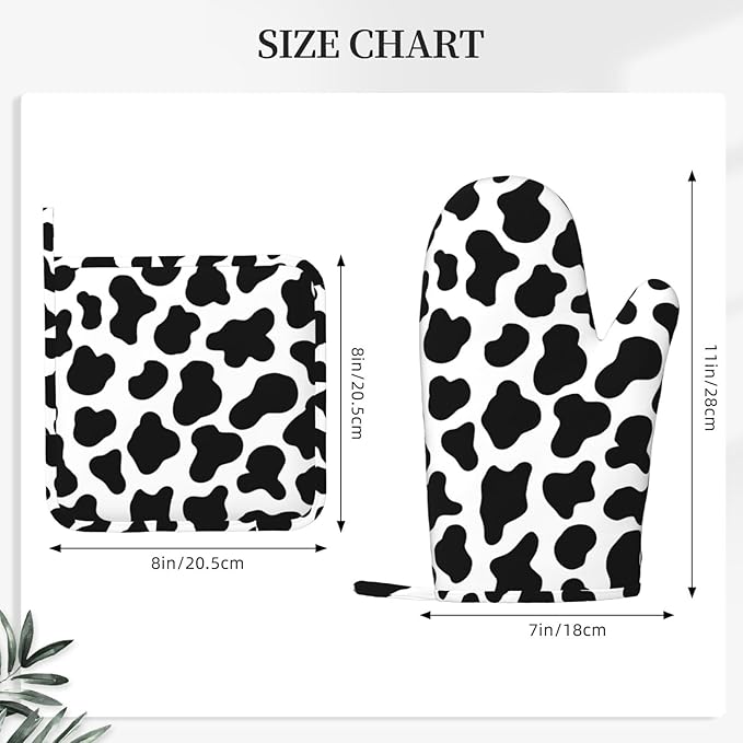 Cow Print Oven Mitts and Pot Holders Sets Silicone Black White Cow Print Kitchen Mitts Potholders Heat Resistant 4Pcs Farmhouse Cowhide Oven Gloves Hot Pads for Kitchen Baking Cooking