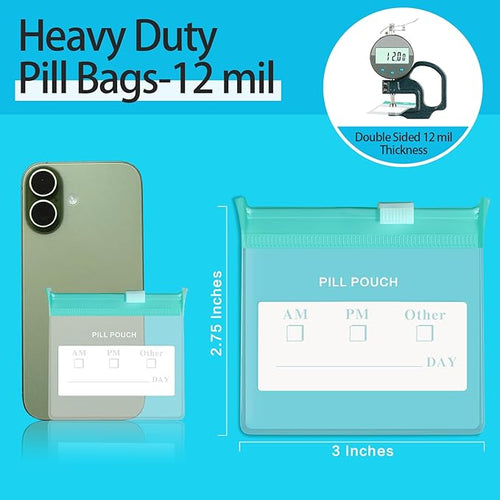 36 Packs Color Pill Pouch Bags 12mil 3 x 2.75 Inch bpa-Free, Frosted Clear EVA Materials, Heavy-Duty Thick Plastic Bags for Travel Medicine Organizer, Jewelry, Small Craft Pieces-Clear+Green
