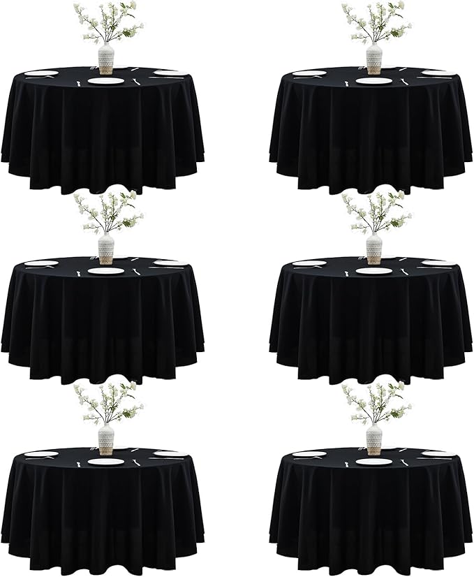 Black Round Tablecloth 6-Pack, 90 Inch Diameter Table Cloth for Round Tables - Polyester Fabric Tablecloths, Reusable & Washable Table Cover
