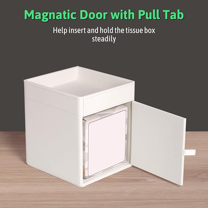 Lorteme Tissue Box Cover, PU Leather Square Tissue Box Holder with Upper Storage Tray for Bathroom/Countertop/Nightstand/Office Table - White