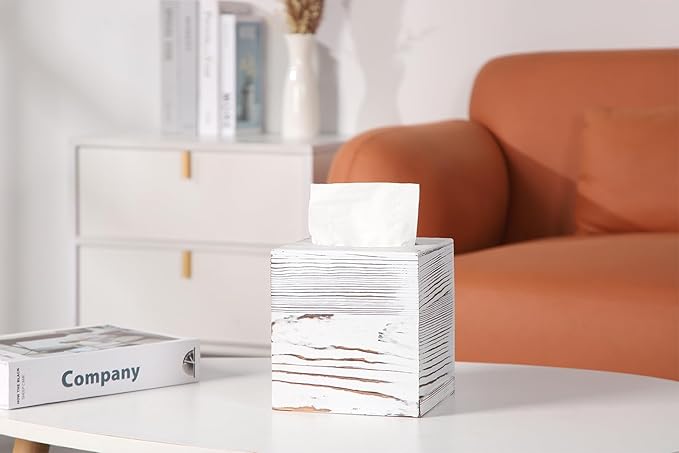 CATORY Tissue Box Cover, Wood Tissue Box Cover Square, Farmhouse Tissue Box Holder Covers Your Tissues, Decorative Tissue Cube Box Cover with Slide-Out Bottom (White)