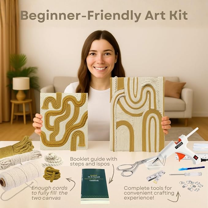 Macrame Kit for Beginners - DIY Rope Canvas Wall Art Kit with Ropes Supplies & Tools | DIY Macrame Art Wall Hanging Decor Starter Set, Craft Kits for Adults, Boho Aesthetic Home Decoration (Khaki)