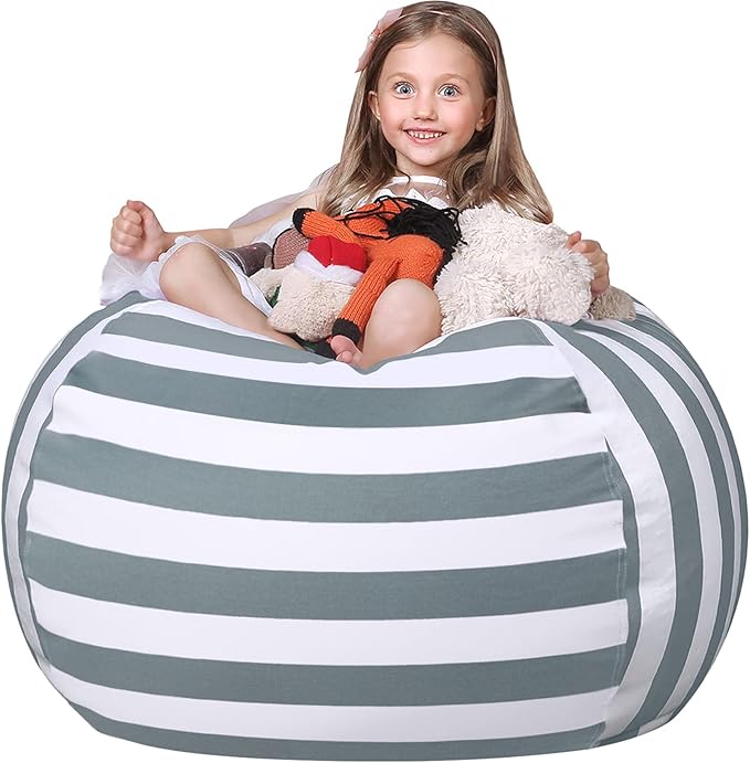 WEKAPO Stuffed Animal Storage Bean Bag Chair Cover for Kids | Stuffable Zipper Beanbag for Organizing Children Plush Toys Large Premium Cotton Canvas (Grey, XX-Large)