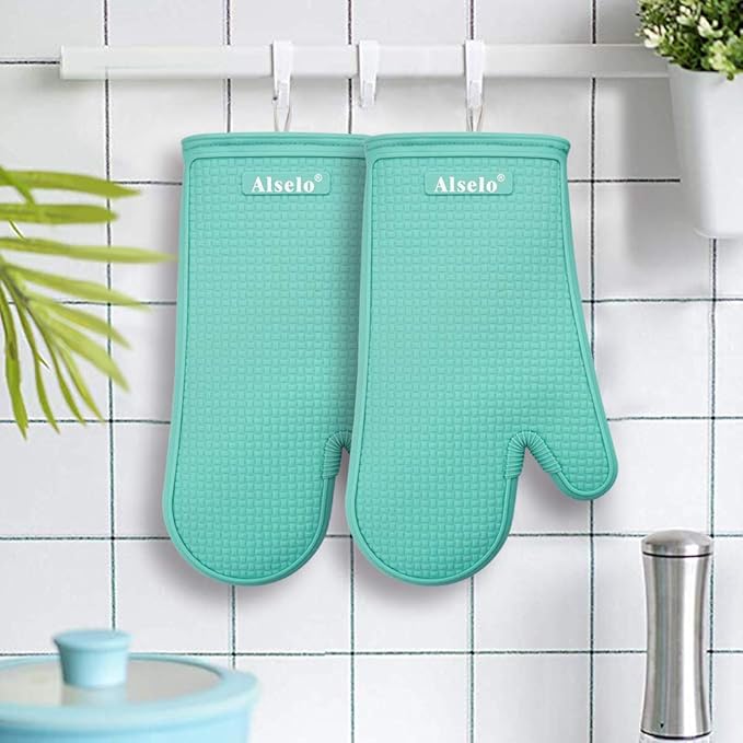 Oven Mitts Heat Resistant Silicone Kitchen Gloves for 550 Degrees with Waterproof and Non-Silp, Set of 2 Oven Gloves for Baking Cooking Barbecue Microwave Machine Washable (Blue, 2)