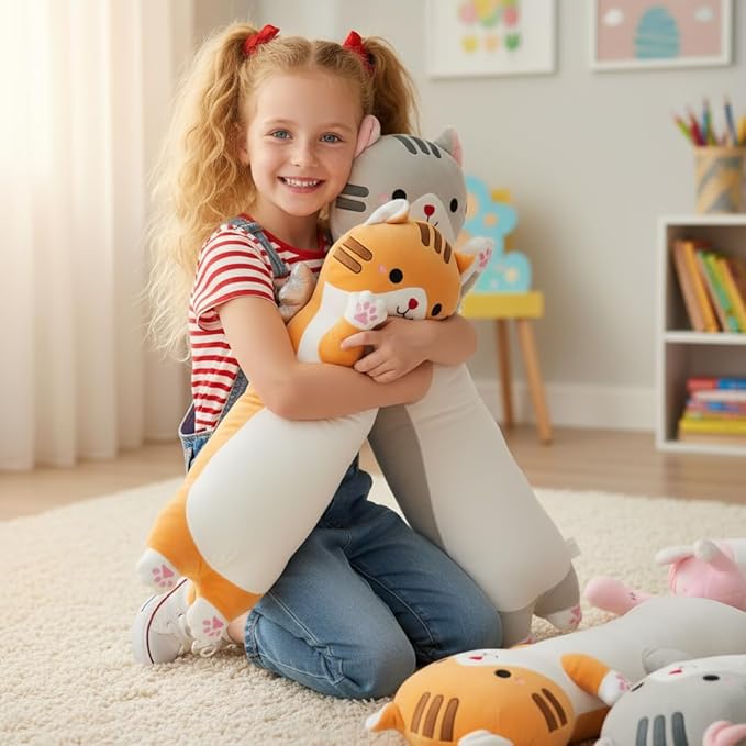 Long Cat Plush Pillow, Cute Cat Stuffed Animal Body Pillow with Wings, Soft Kawaii Kitty Hugging Pillow, Christmas Valentine's Birthday Gift for Kids Girls Boys (Yellow, 60cm/23.62in)