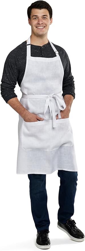 Solino Home 100% Pure Linen Apron for Women & Men - Full Midi Bib Apron Adjustable Neck Strap with Center Pockets for Kitchen