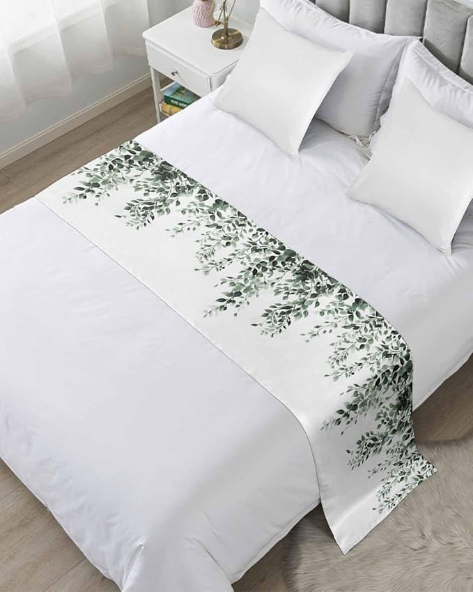 DecorLovee Green Eucalyptus Bed Runners for King Size Bed, Weeping Botanical Decorative Bed Throws for Foot of Bed, Leaf Watercolor Bed Runner Sofa Throw Bedding Scarf Protector Slipcover for Bedroom