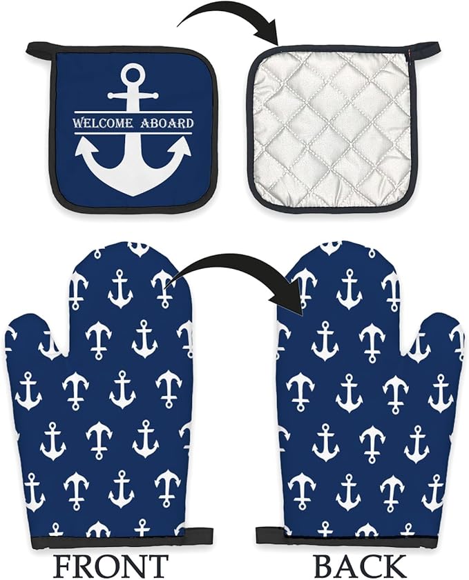 Lake House Gifts Oven Mitts and Pot Holders Sets, Lake Navy Blue Kitchen Accessories Sets, Nautical Navy Blue Anchor Welcome Aboard Heat Resistant Oven Glove Potholders for Kitchen Cooking