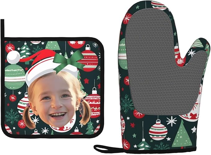 Custom Your Christmas Oven Mitts and Potholder Silicone Glove Heat Resistant, Kitchen Gloves for Cooking, 2-Piece Set