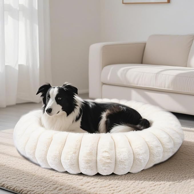 Vhen When Warming Faux Rabbit Fur Pet Beds – Luxurious Donut Dog & Cat Bed, Anti-Anxiety Calming Cuddler Bed for Small Medim Dogs, Washable Round Puppy Kitten Beds, Non-Slip Bottom(36x36x10, White)