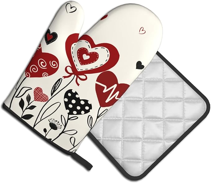 Black Red Love Hearts Oven Mitts and Pot Holders Sets 2Pcs Kitchen Accessories Multi-use Cooking Chef Oven Gloves Resistant Hot Pads for Women BBQ Cooking