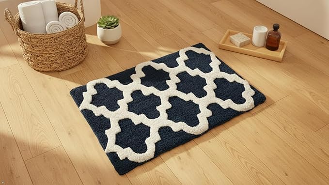 C23 Luxury Trellis Bath Rug Set of 2 (Navy Blue & White) 20"x32" & 16"x24" | 2200 GSM Ultra-Thick High-Density Plush | Decorative Non-Slip Bathroom Mats | Hotel Quality, Machine Washable