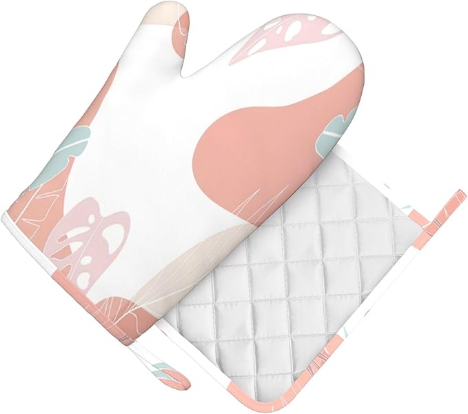 Pink Modern Geometric Leaves Oven Mitts and Pot Holders Sets, Home Silicone Heat Resistant BBQ Gloves for Kitchen Baking Cooking Grilling Microwave